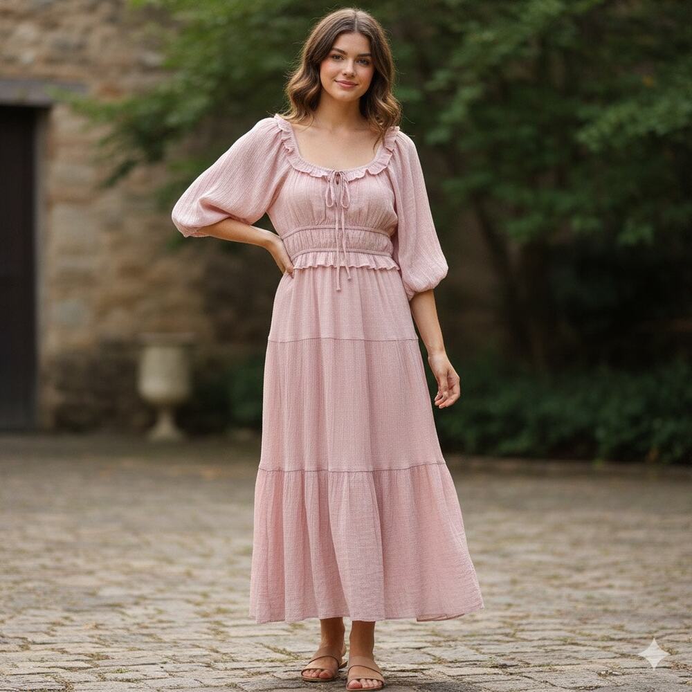 Listicle Maxi Dress Medium Pink Boho Cottagecore Prairie Ruffle Puff Sleeve - Picture 1 of 10